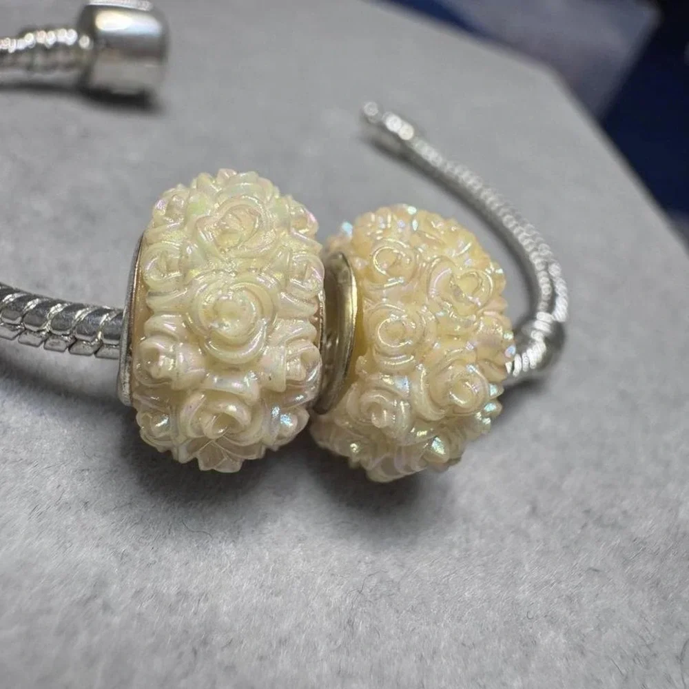 2Pcs Iridescent Yellow Rose Flower Beads Charm fits PANDORA